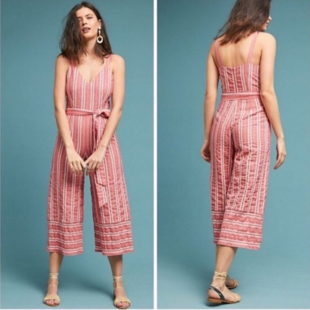 Anthropologie Red White Stripe Jumpsuit Wide Leg Size Small Spring Summer